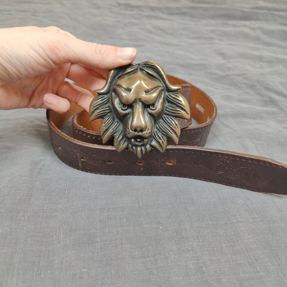 Vintage Y2K Diesel Lion Buckle Belt Brown Leather Mens Size 80 Made in Italy - Picture 3 of 12